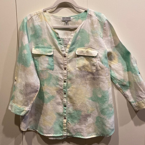 100% Linen Pastel Green & Yellow Tie Dye V Neck Button Down Top Size 14 - Picture 1 of 7